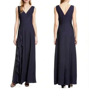 Ted Baker Navy Blue Maxi Dress Azaelea V Neck Ruffle Sleeveless US 4
